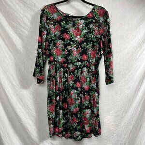 Element Floral Skater Mid Dress Women L Open Back Lace Up Elastic‎ Waist 90s Y2K